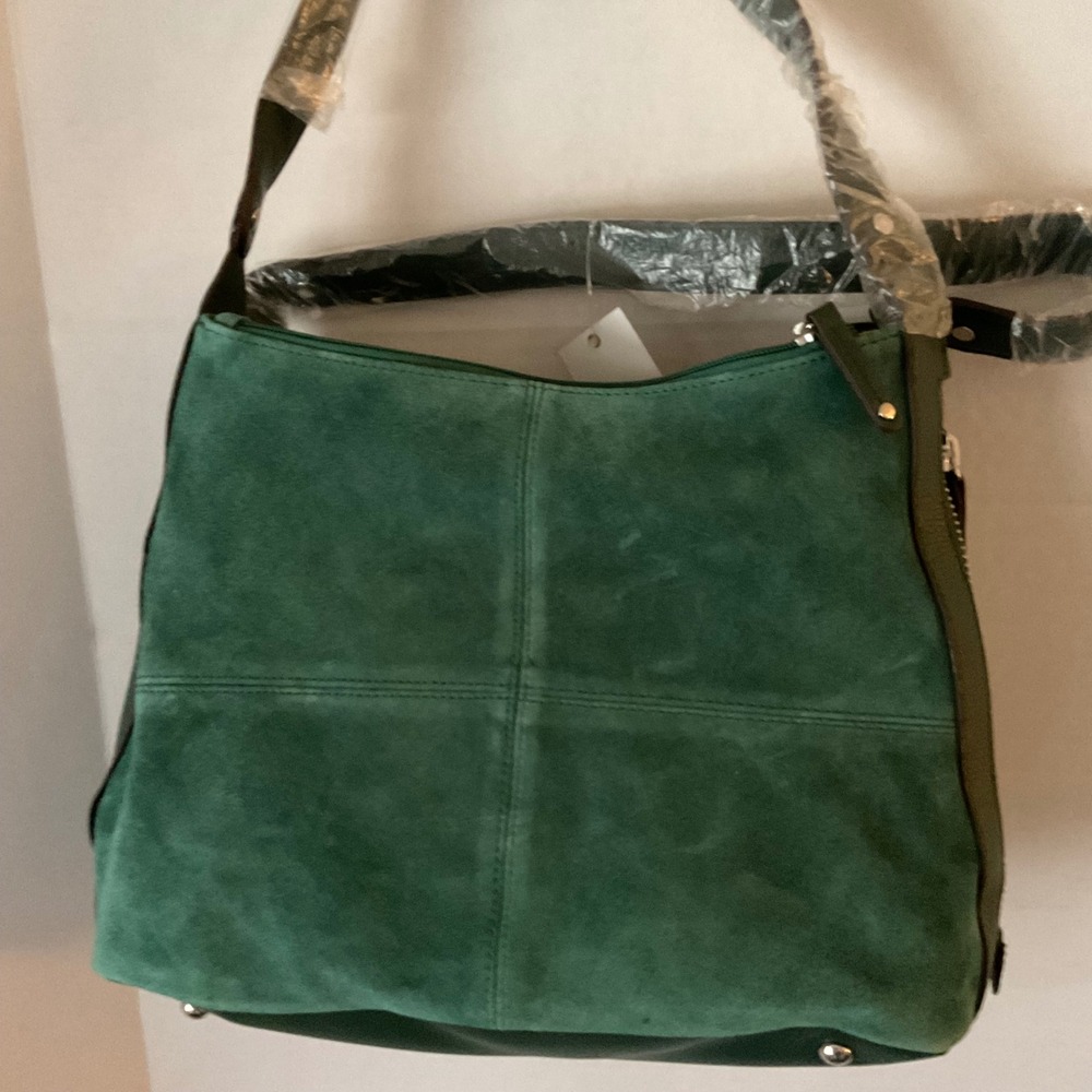 Tignanello Suede Colorblock Shopper Emerald Green Navy Side Zip  NEW - Picture 8 of 11